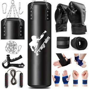 Fragraim 4 FT Heavy Punching Bag For Adults, Premium PU Punching Bag With 12 OZ Boxing Gloves For Home Gym MMA Karate Kickboxing Muay Thai Training - Unfilled Black