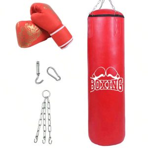 1 Set PU Material Unisex Teenager Hanging Hollow PU Punching Bag With 1 Pair Of PU Boxing Gloves And Hanging Chain Hooks (Unfilled) For Martial Arts Training Burgundy