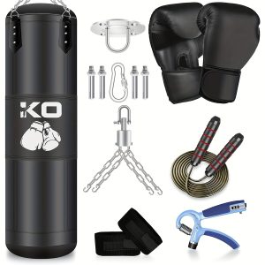 4ft Heavy Punching Bag with 12oz Gloves, 9-in-1 Unfilled MMA Kickboxing Boxing Training Bag with Chain and Ceiling Hook for Karate Taekwondo